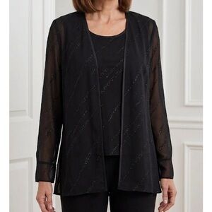 R&M Richards Black 2-Piece Sheer Jacket & Tank Set Size 12 Glitter Evening